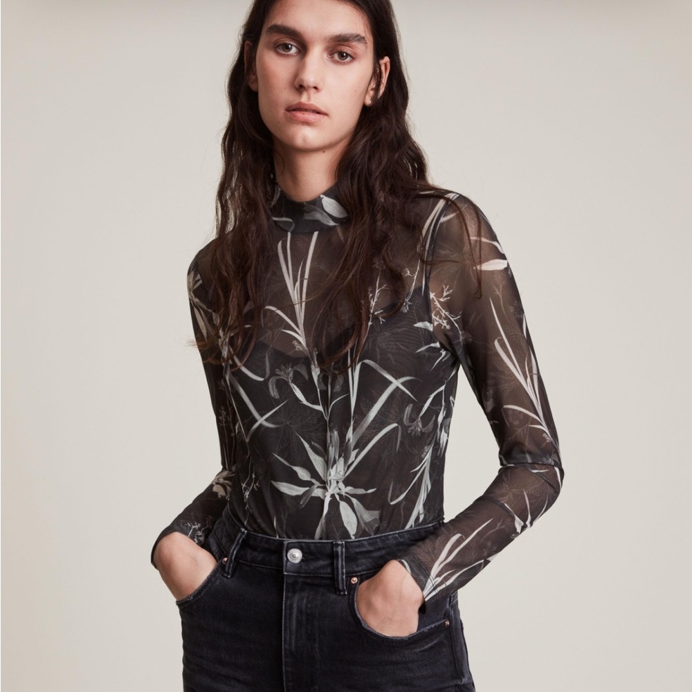 AllSaints Black Sheer Floral Print Long Sleeve Bodysuit
